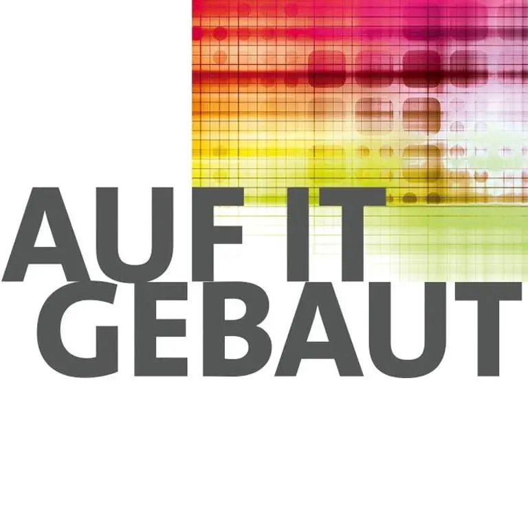Logo AUF IT GEBAUT (bunte verwischte Streifen auf weißem Grund)